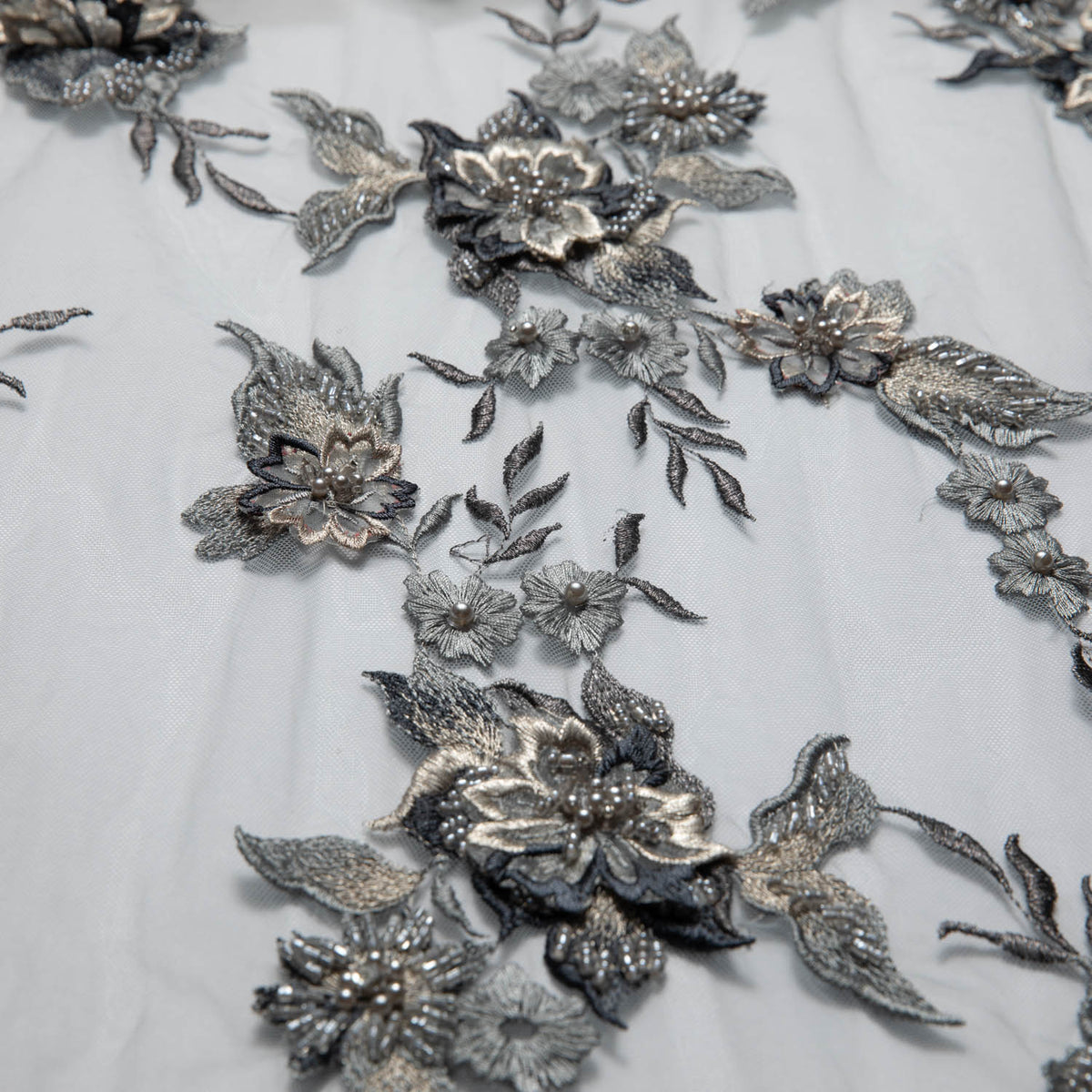 1 Yard Tulle Lace Fabric Embroidered with Applique and Amazing 3D Floral Design, 52" Wide