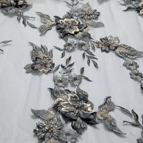 1 Yard Tulle Lace Fabric Embroidered with Applique and Amazing 3D Floral Design, 52" Wide