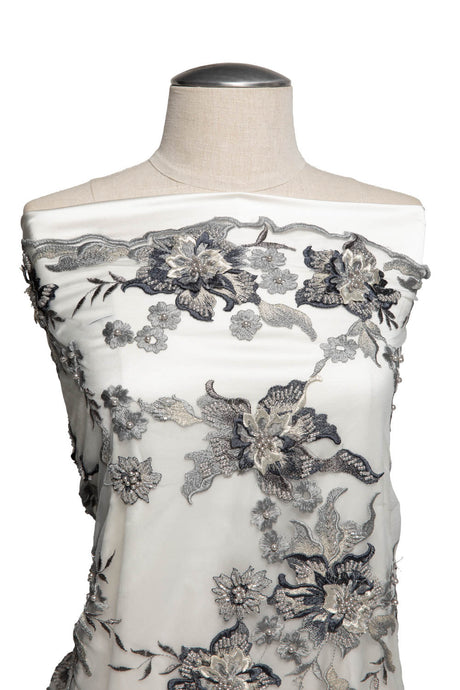 1 Yard Tulle Lace Fabric Embroidered with Applique and Amazing 3D Floral Design, 52" Wide