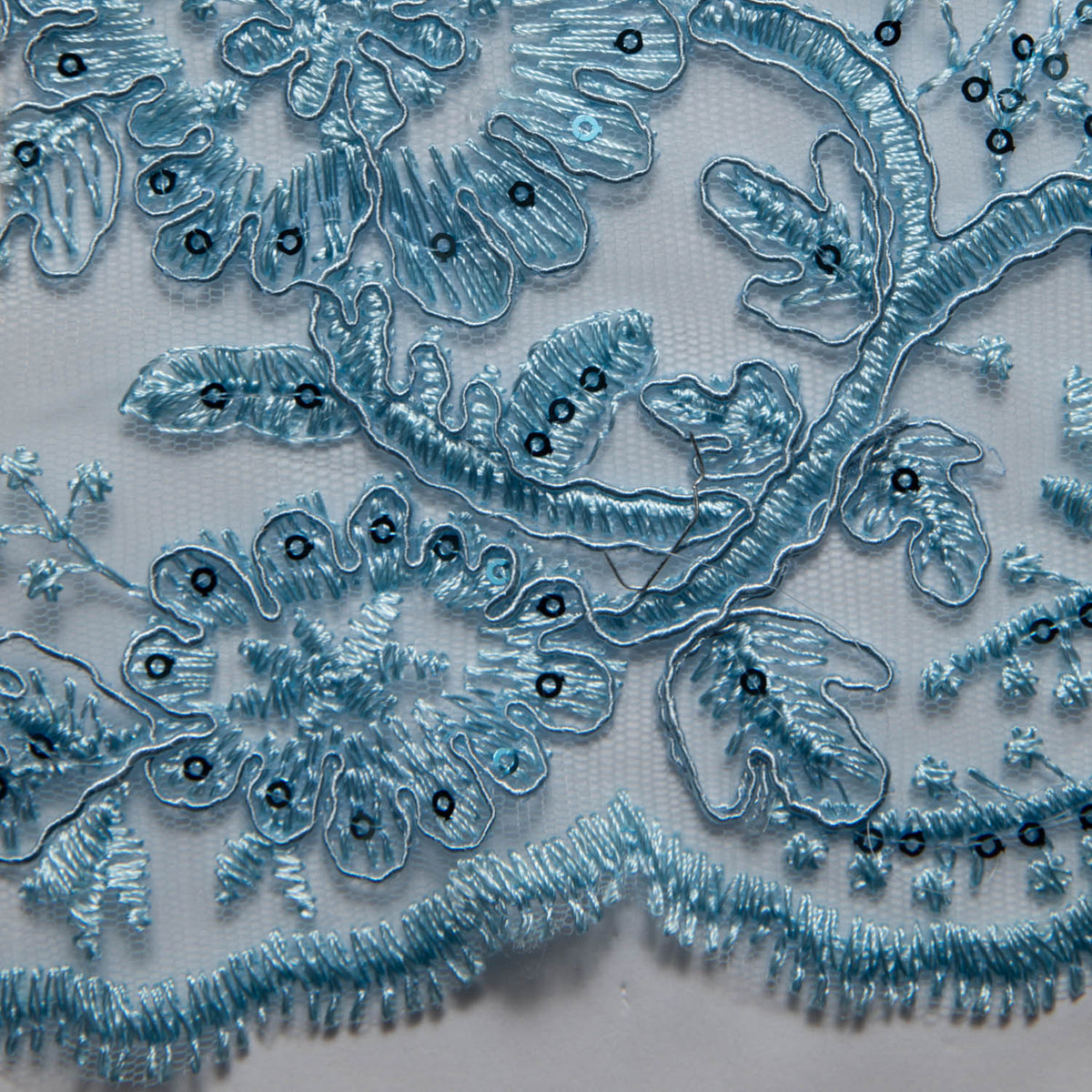 1 Yard Tulle Lace Embroidered Fabric with Cord, Sequins, and Floral Design, 52" Wide