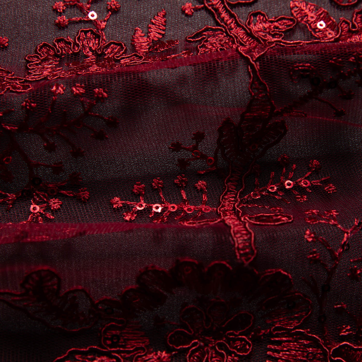 1 Yard Tulle Lace Embroidered Fabric with Cord, Sequins, and Floral Design, 52" Wide