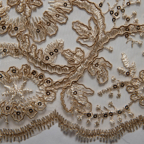 1 Yard Tulle Lace Fabric with Cord, Sequins, and Floral Design Embroidered 52" Wide Luxury Textile