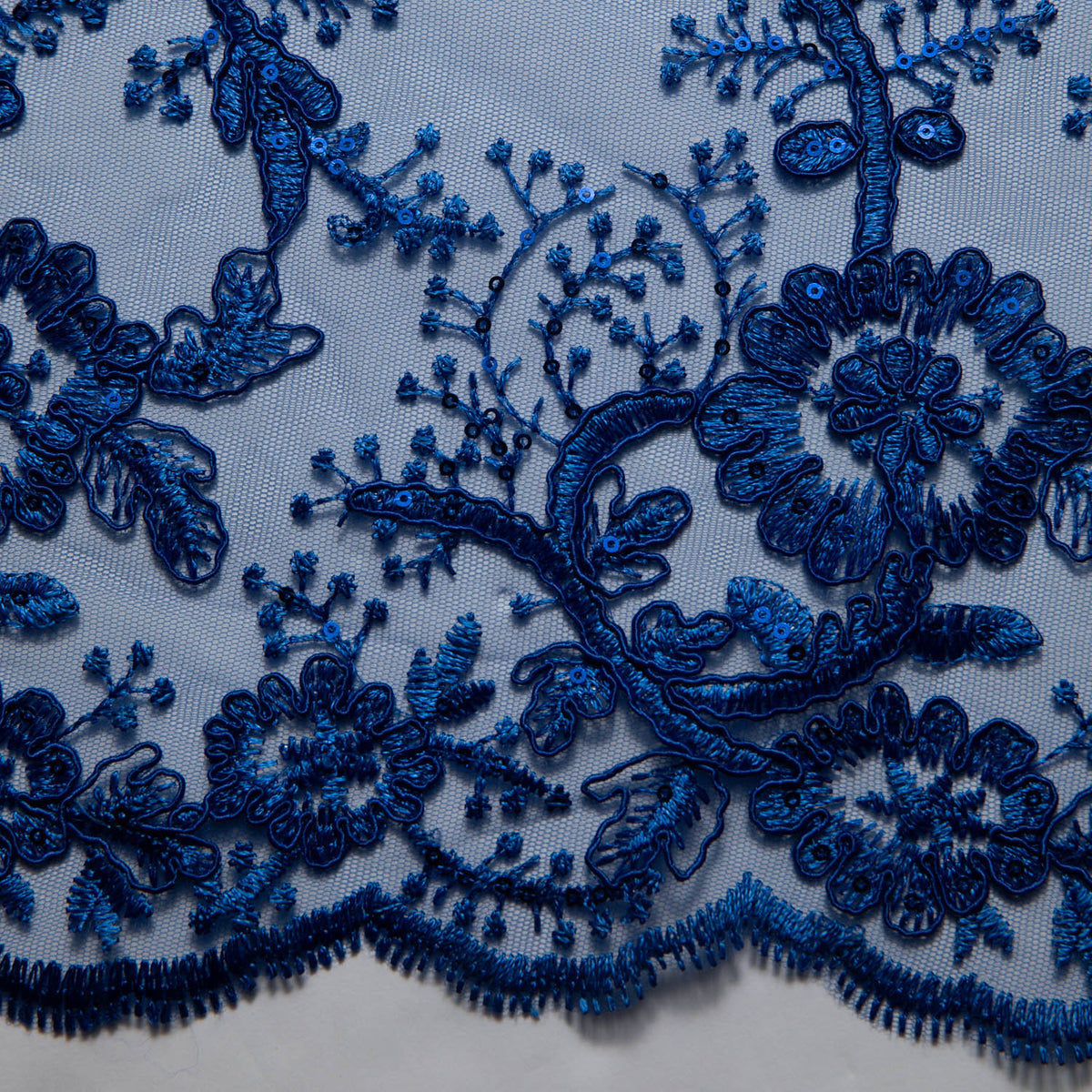 1 Yard Tulle Lace Embroidered Fabric with Cord, Sequins, and Floral Design, 52" Wide