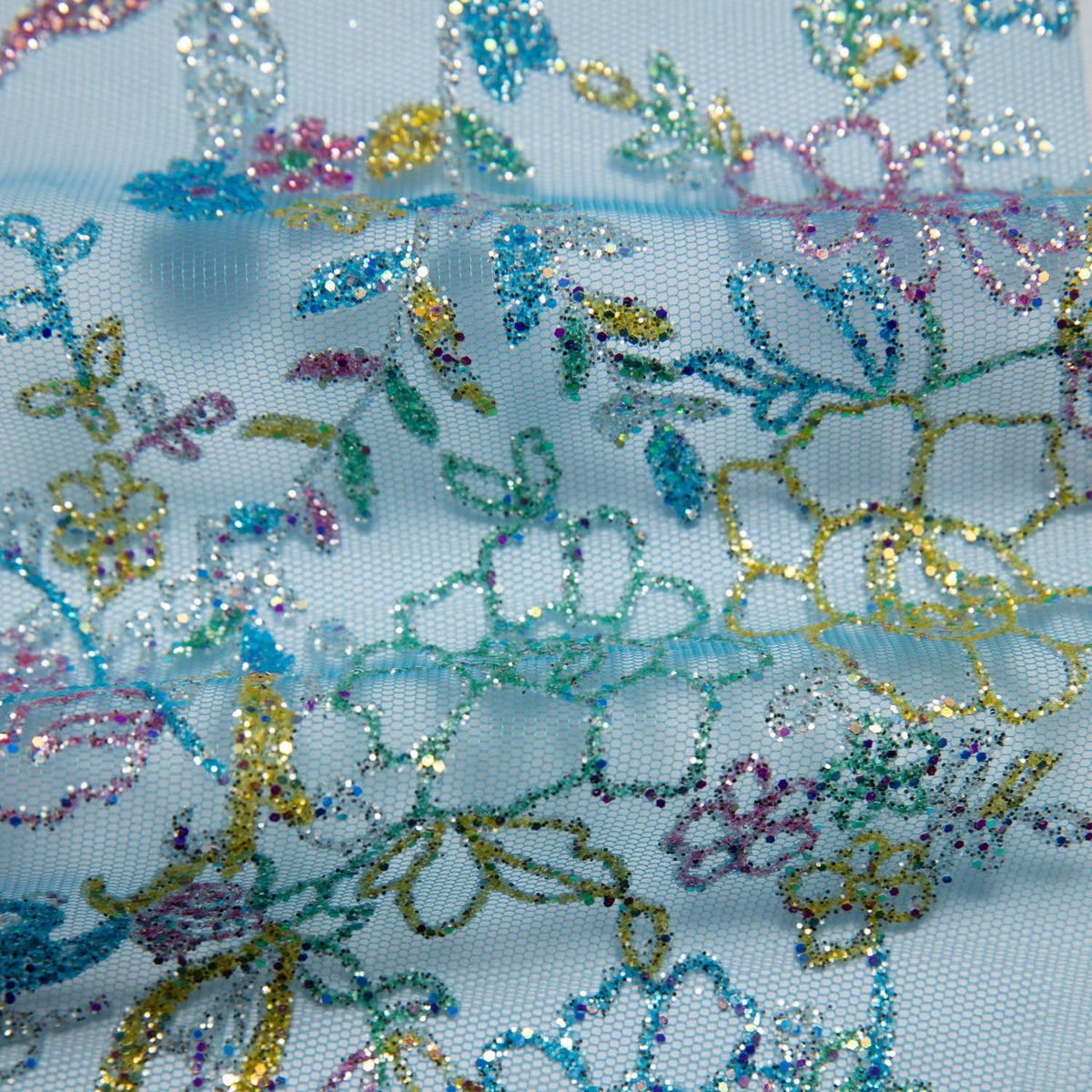 1 Yard Tulle Lace Fabric with Multicolor Glitter and Floral Pattern, 58" Wide