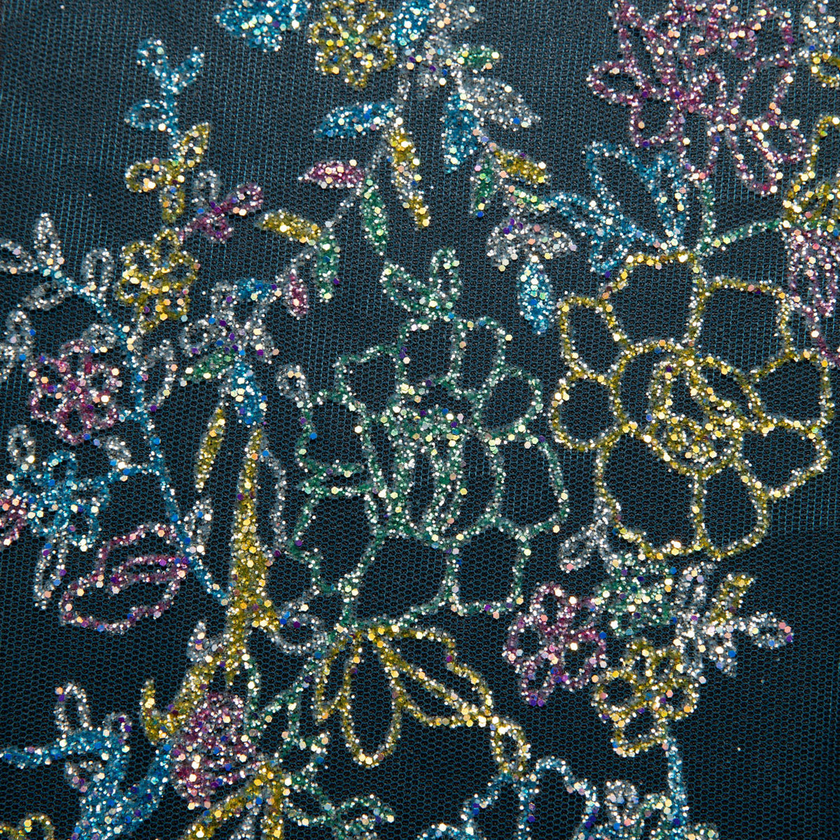 1 Yard Tulle Lace Fabric with Multicolor Glitter and Floral Pattern, 58" Wide