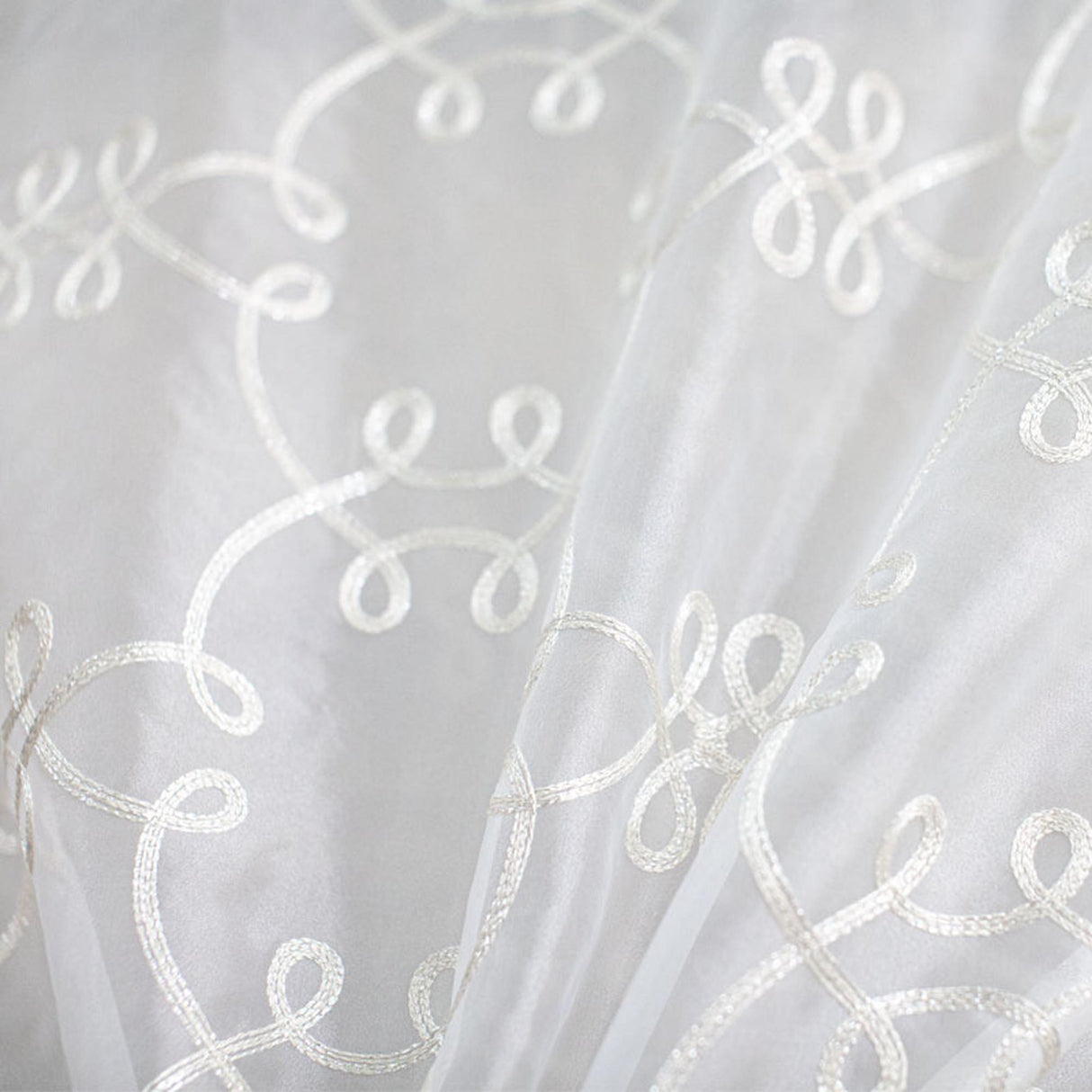 Uptown Metallic Embroidered Sheer Polyester Fabric - White, Champagne, Brass, 110" Width (1 Yard)