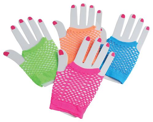 Short Neon Mesh Gloves for 1980s Themed Parties and Colorful Costume Accessories
