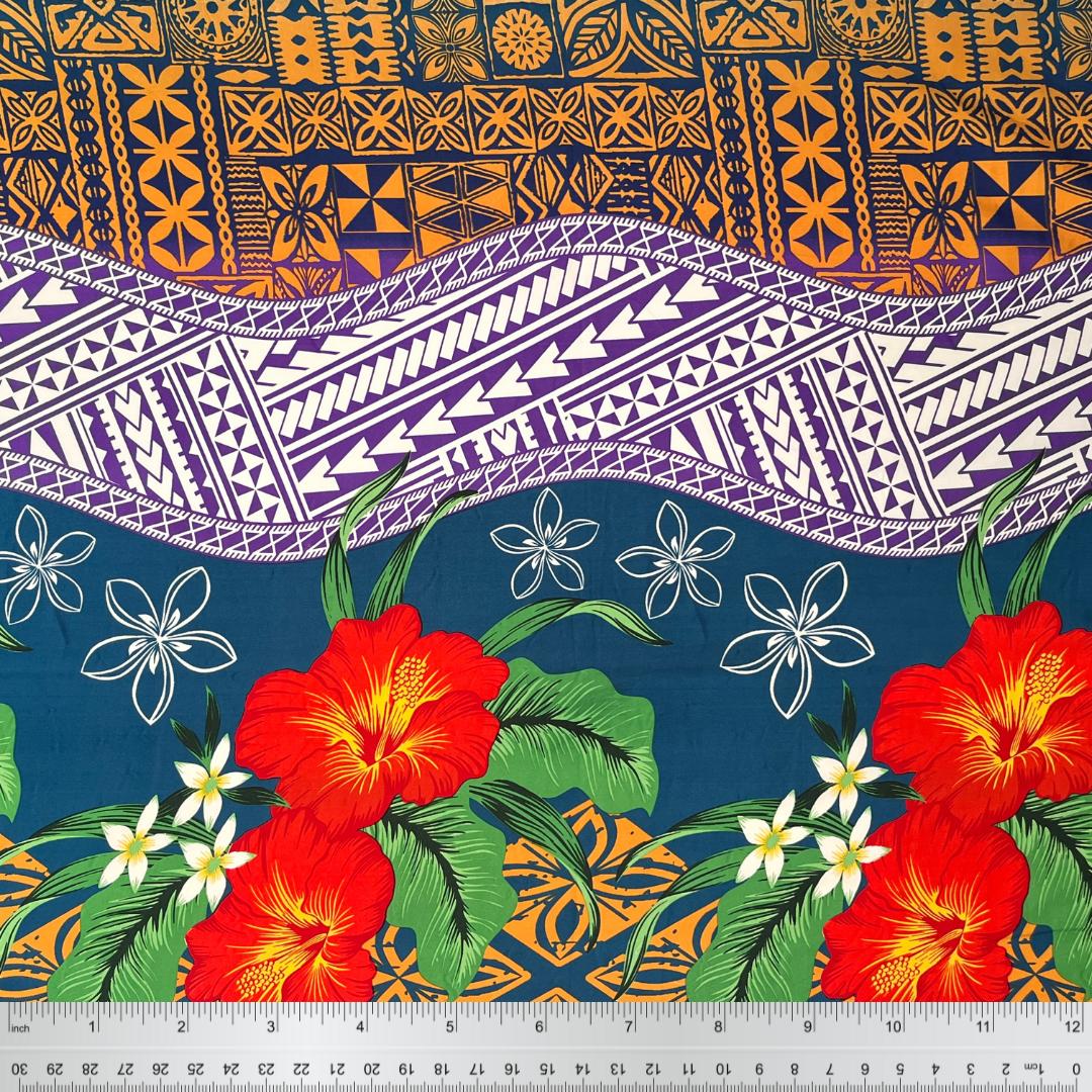 Peachskin Polyester Fabric Tapa Tribal Tattoo Hibiscus Plumeria