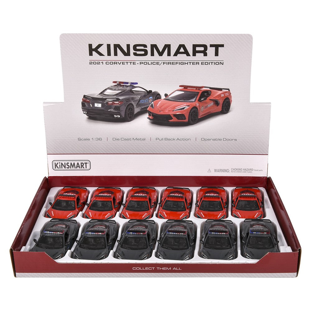 Die-Cast Pull Back 2021 Corvette Police/Firefighter (12 PC Display)
