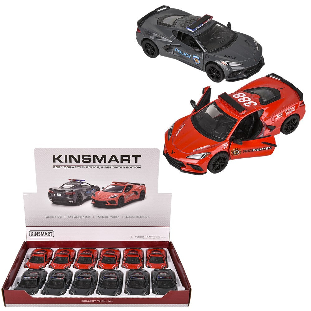 Die-Cast Pull Back 2021 Corvette Police/Firefighter (12 PC Display)