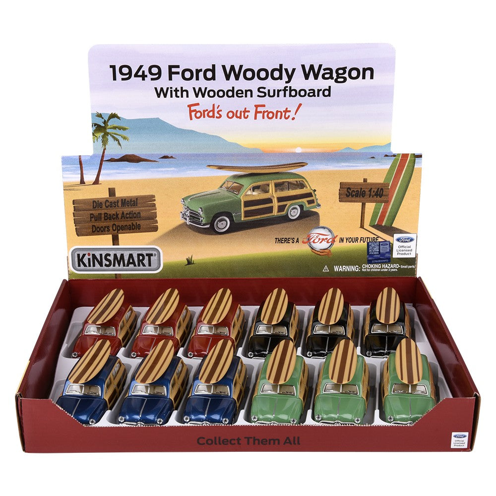 Die-Cast Pull Back 1949 Ford Woody Wagon With Surfboard (12 Pc Display)