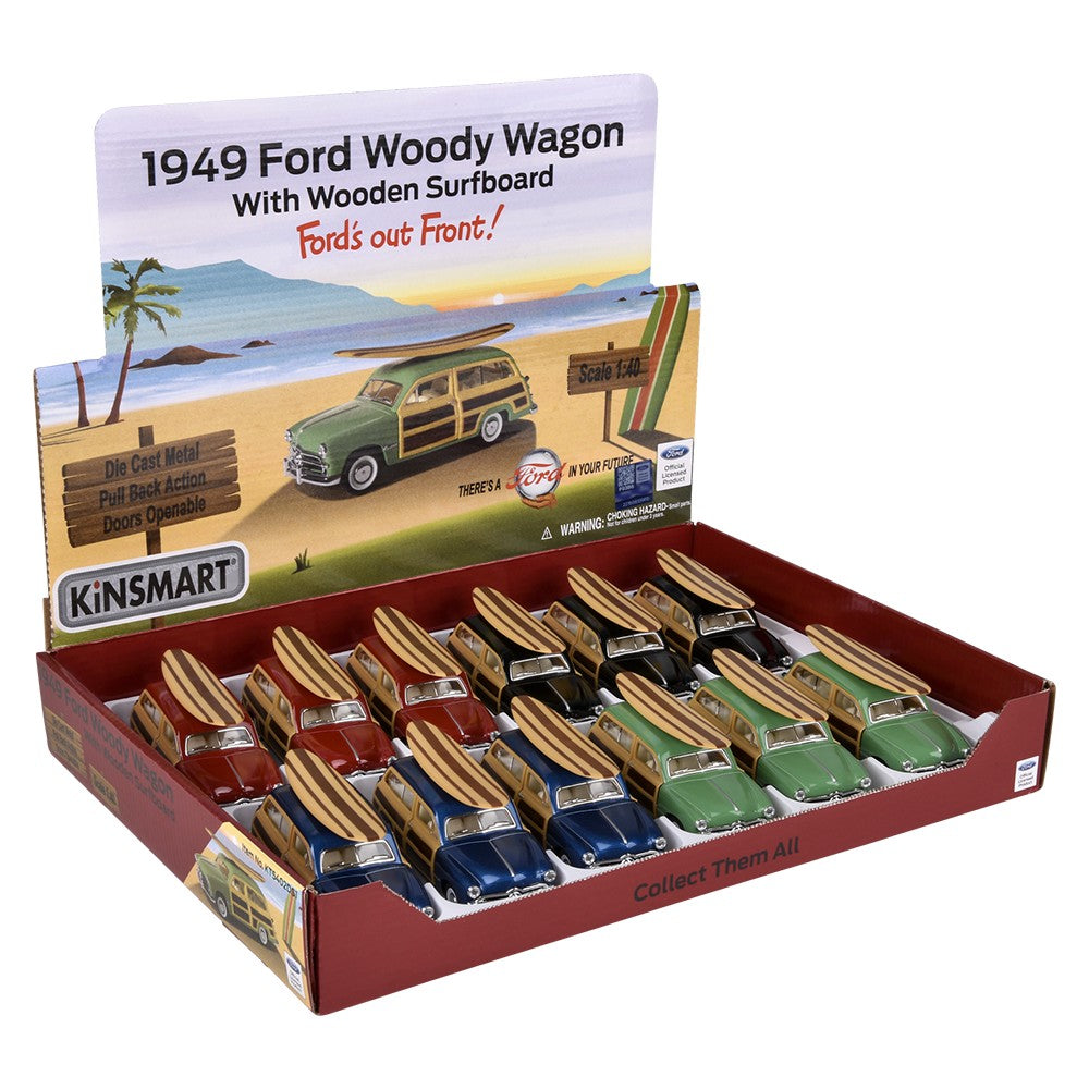 Die-Cast Pull Back 1949 Ford Woody Wagon With Surfboard (12 Pc Display)