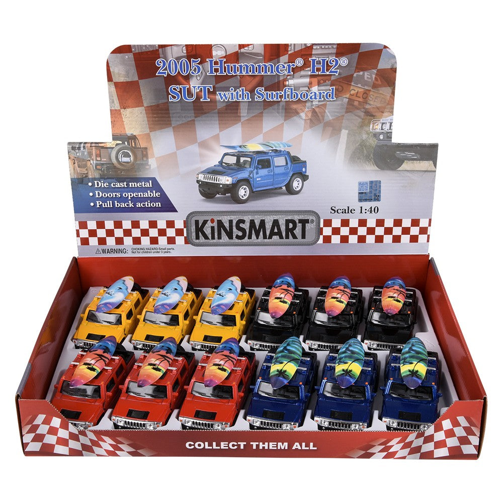 Die-Cast Pull Back Hummer H2 SUT With Surfboard (12 PC Display)