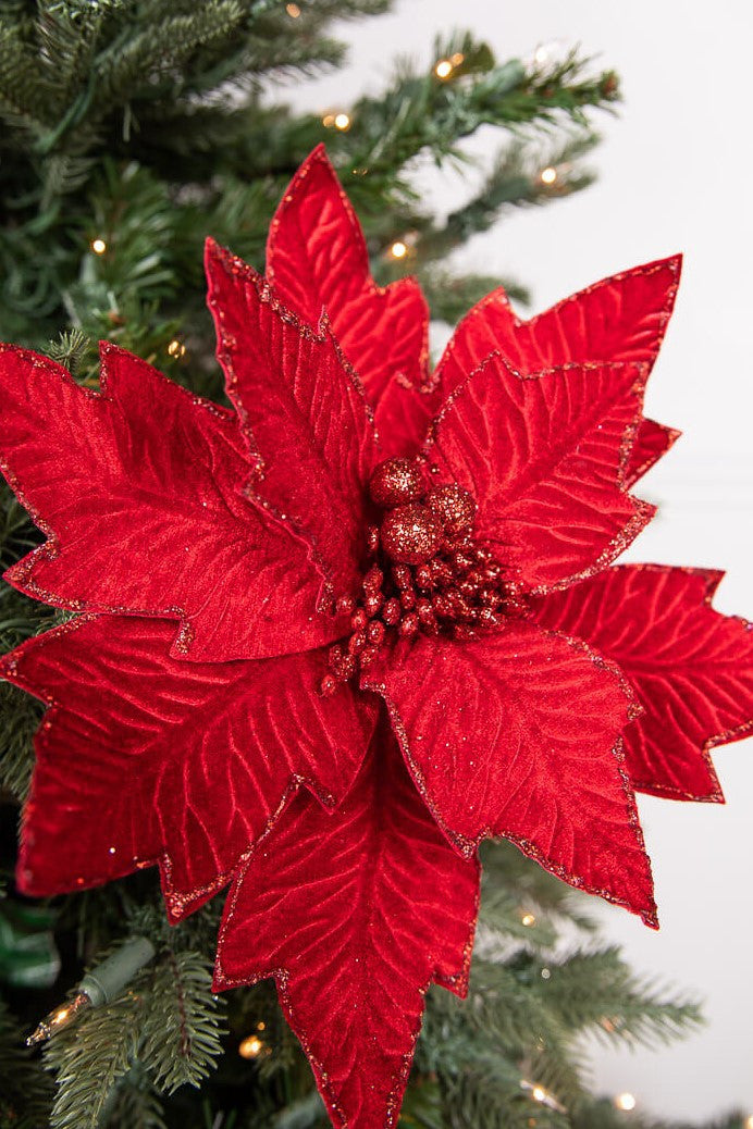 24” x 11” Poinsettia Stem – Red with Red Glitter Festive Holiday Floral Stem