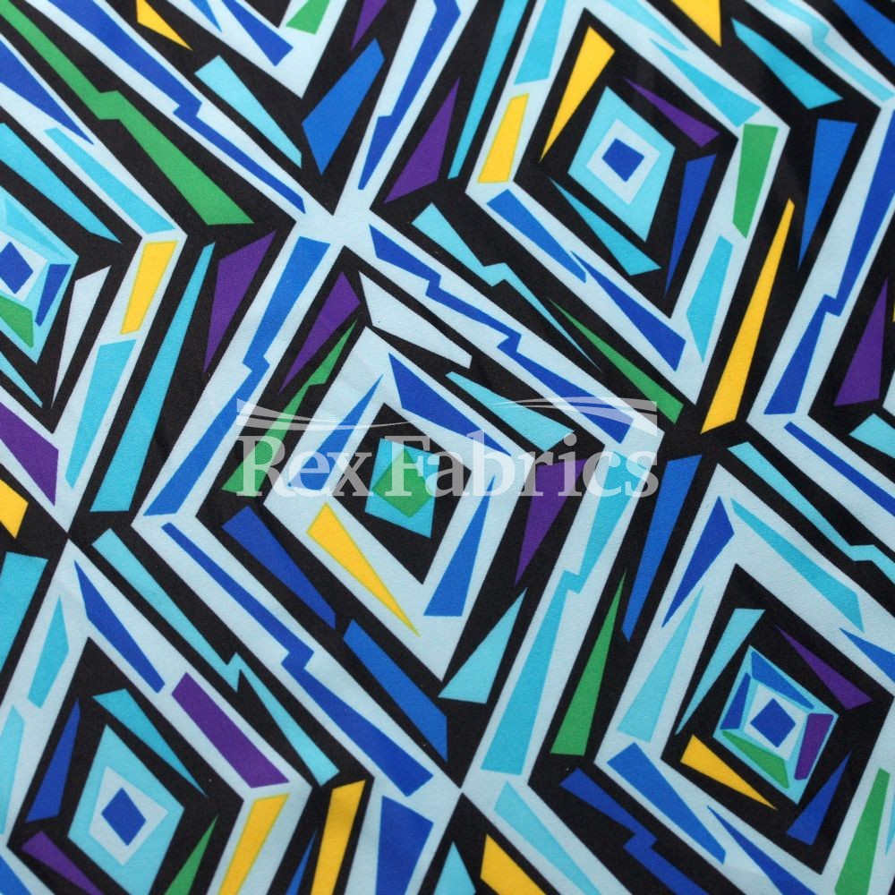 Vintage Diamond Polyester Spandex Fabric - Blue and Purple Diamond Geometric Print Tricot, 58-60" Width (1 Yard)