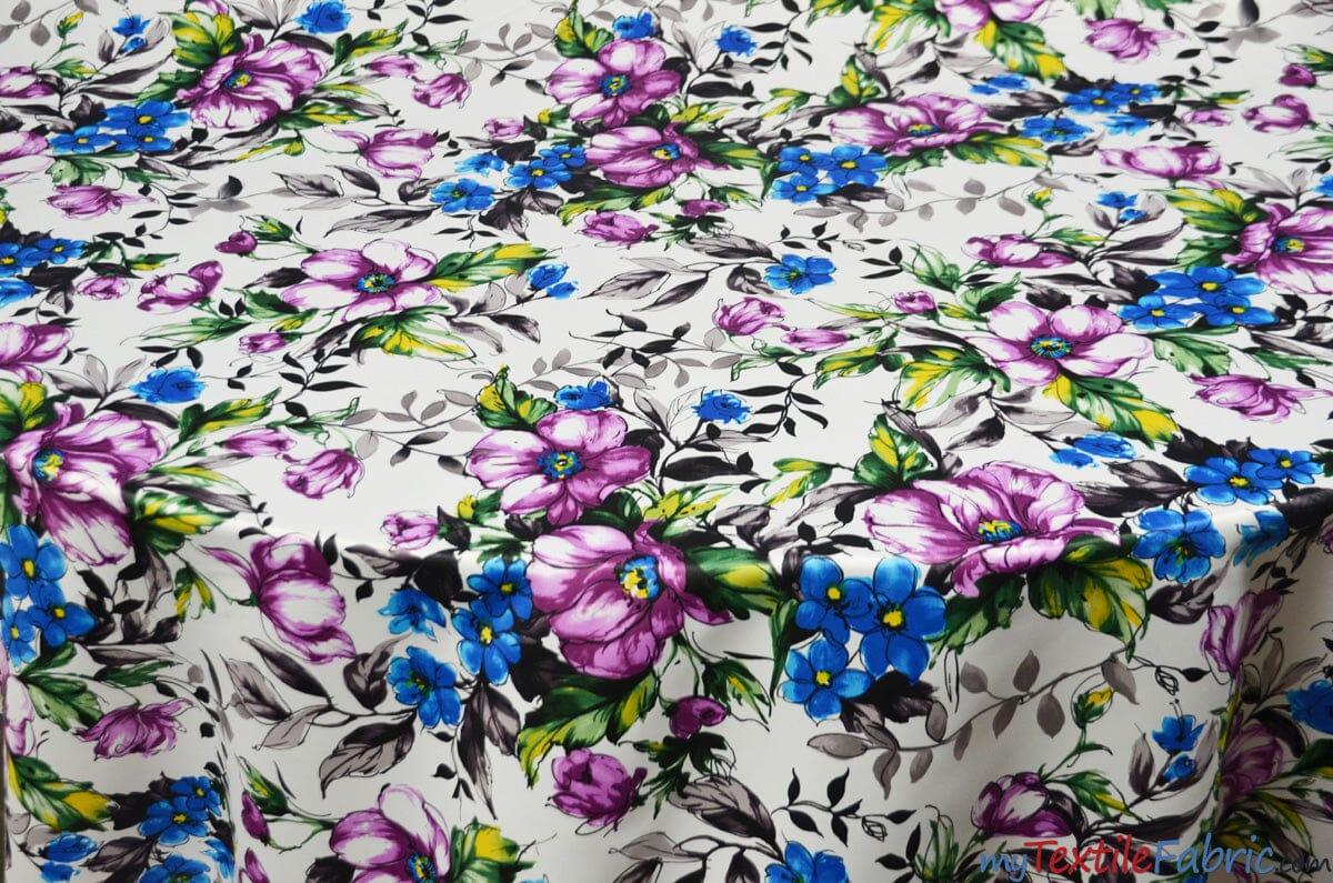 Watercolor Floral L'Amour Satin Fabric - Ivory Magenta Watercolor Floral Print, 58/60" Width (1 Yard)