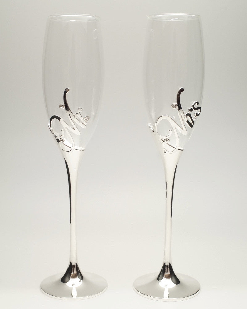 Silver Mr & Mrs Champagne Flutes Rhinestone Wedding Glass Set of 2