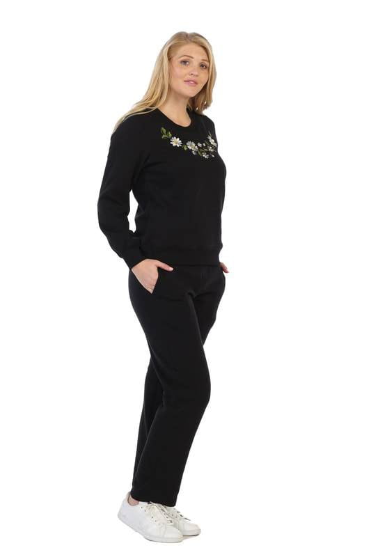 Lightweight Fleece Pullover Sweater With Matching Pants Cotton Polyester Blend Fabric - Flowery Embroidery, Black, Burgundy, D.Grey, L.Grey, Navy, Fushia, Purple, S, M, L, XL (1 Set)