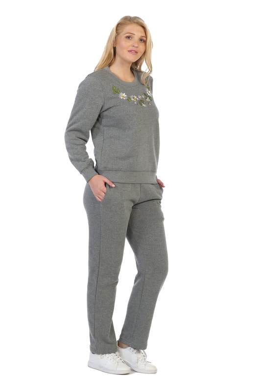 Lightweight Fleece Pullover Sweater With Matching Pants Cotton Polyester Blend Fabric - Flowery Embroidery, Black, Burgundy, D.Grey, L.Grey, Navy, Fushia, Purple, S, M, L, XL (1 Set)