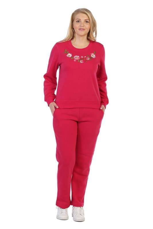 Lightweight Fleece Pullover Sweater With Matching Pants Cotton Polyester Blend Fabric - Flowery Embroidery, Black, Burgundy, D.Grey, L.Grey, Navy, Fushia, Purple, S, M, L, XL (1 Set)