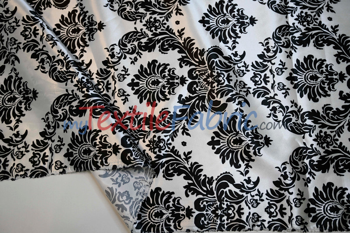 White Black Damask Satin Print Polyester Fabric - Damask Pattern, 58/60" Width (1 Yard)