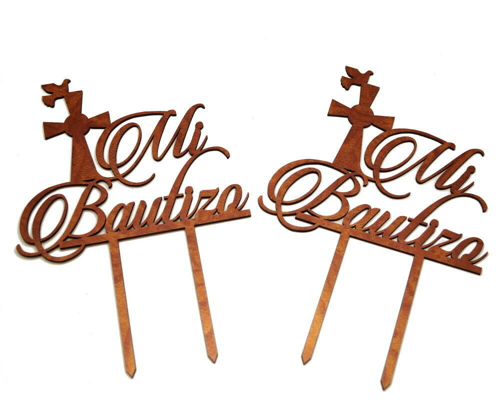 5" x 6" Laser-Cut Wood Mi Bautizo Cake Topper Centerpiece - Pack of 12