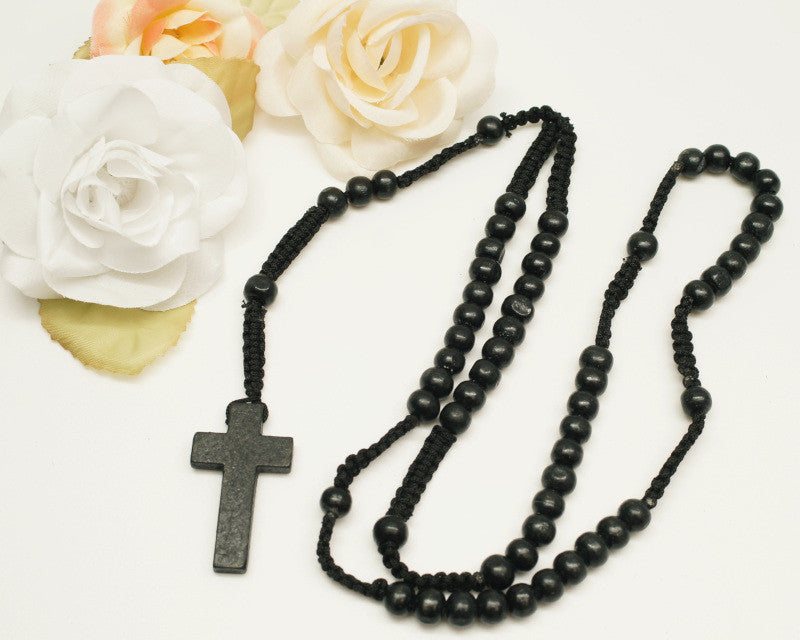 20 Inch Black Wooden Pearl Rosary Favor Pack of 12