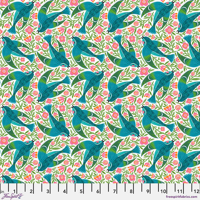 Cotton Bird Print Fabric White Blue 44/45" What the Birds Said