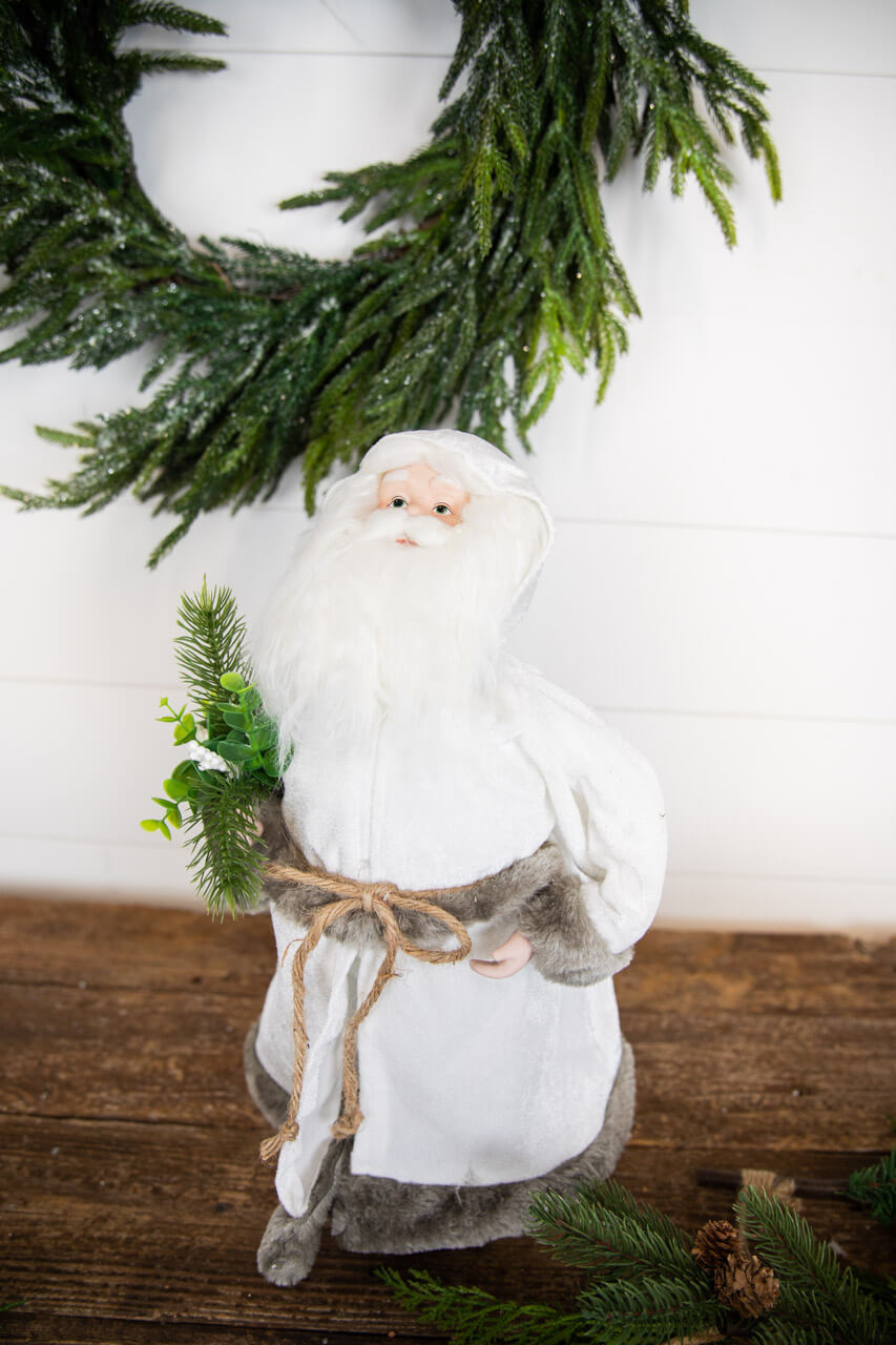 19” White Robe Santa Figure with Greenery Bundle
