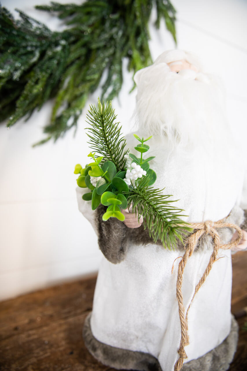 19” White Robe Santa Figure with Greenery Bundle
