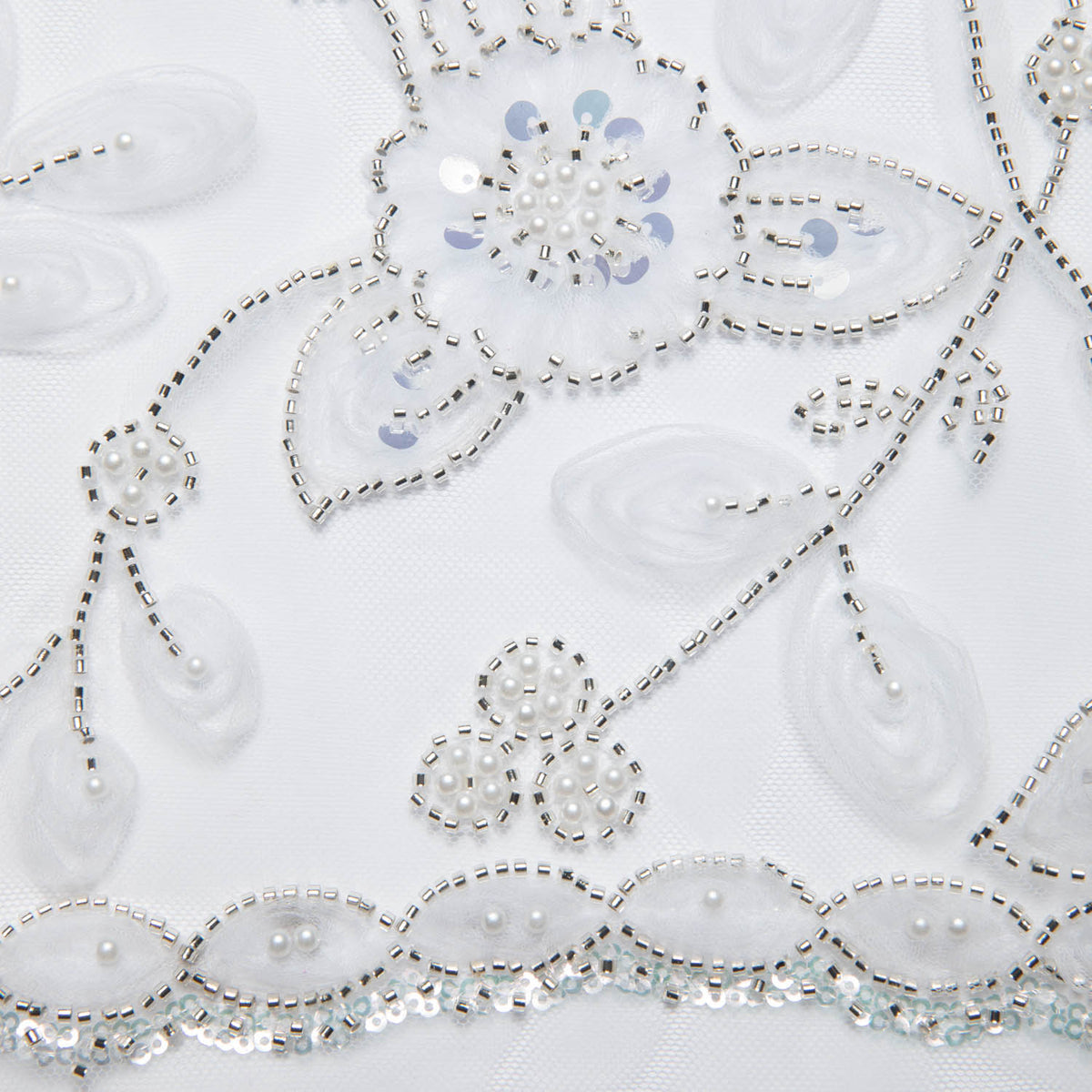 1 Yard Tulle Lace Fabric Embroidered with Ribbon and Floral Design, 52" Wide