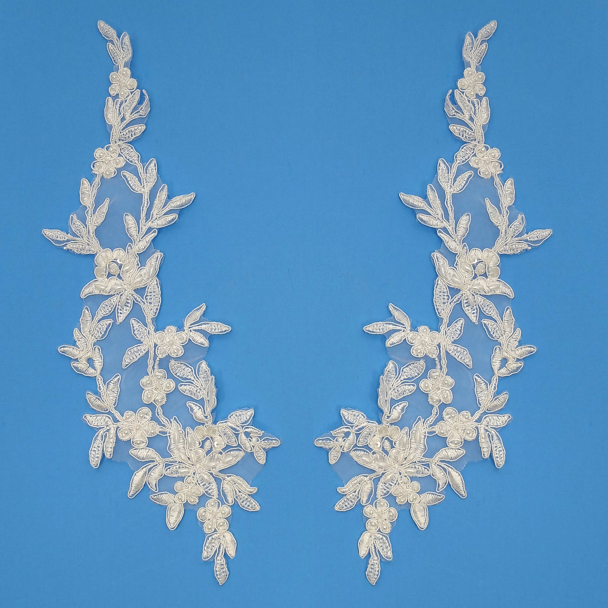 1 Pair Beaded & Corded Floral Lace Applique Embroidered on 100% Polyester Organza 13" x 4" Each Side