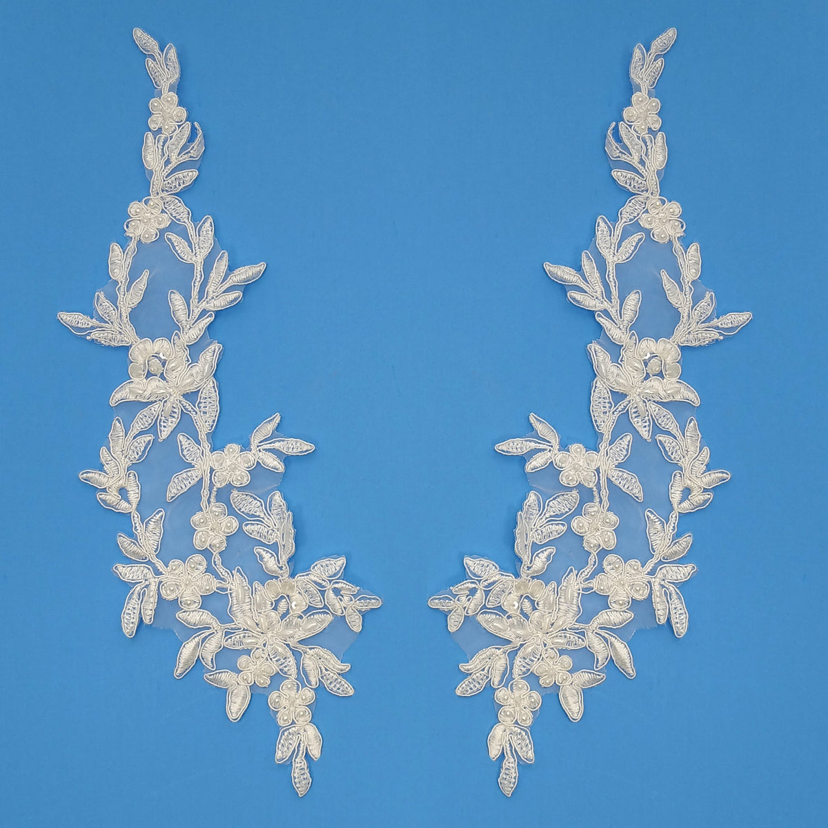 1 Yard Beaded and Corded Floral Lace Applique 13" x 4" Each Side