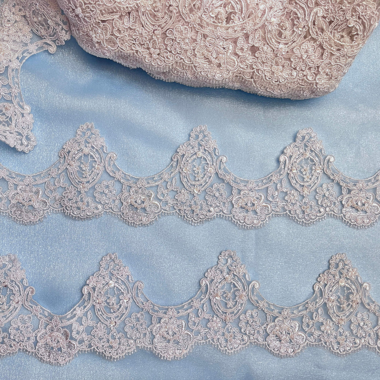 Beaded Floral Lace Trim White