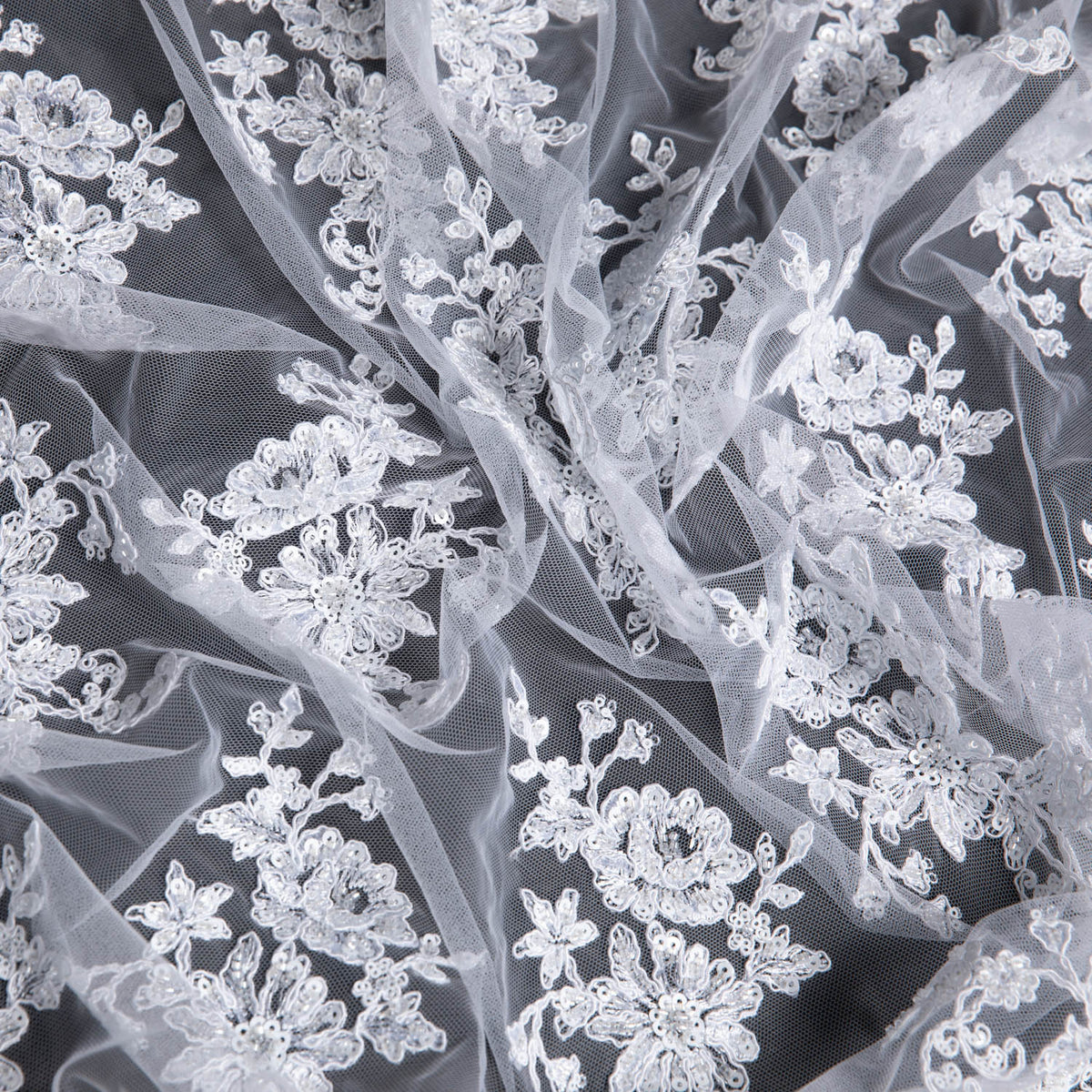 1 Yard Tulle Lace Fabric with Beautiful Floral Embroidery, 52" Wide