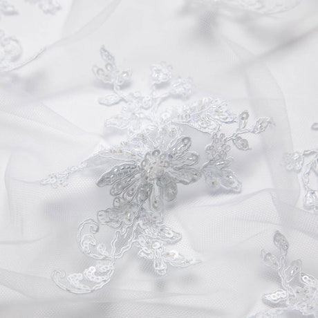 1 Yard White Tulle Lace Fabric Embroidered with Beautiful Floral Pattern 52" Wide Elegant Textile