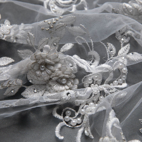 1 Yard Sophisticated 3D Floral Applique Embroidered Tulle Lace Fabric 52" Wide for Wedding & Evening Wear