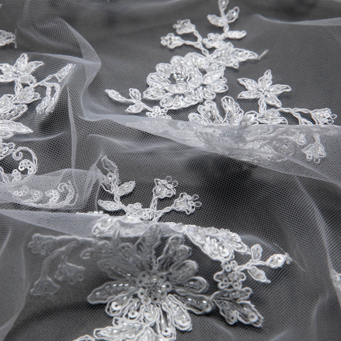 1 Yard White Tulle Lace Fabric Embroidered with Beautiful Floral Pattern 52" Wide Elegant Textile