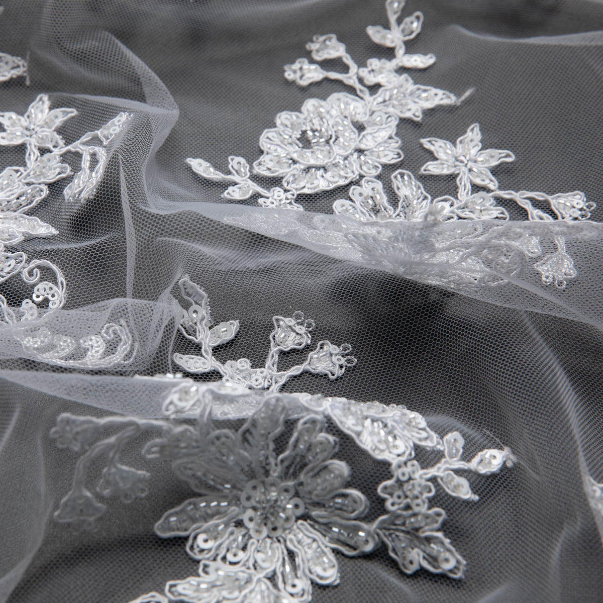 1 Yard Tulle Lace Fabric with Beautiful Floral Embroidery, 52" Wide