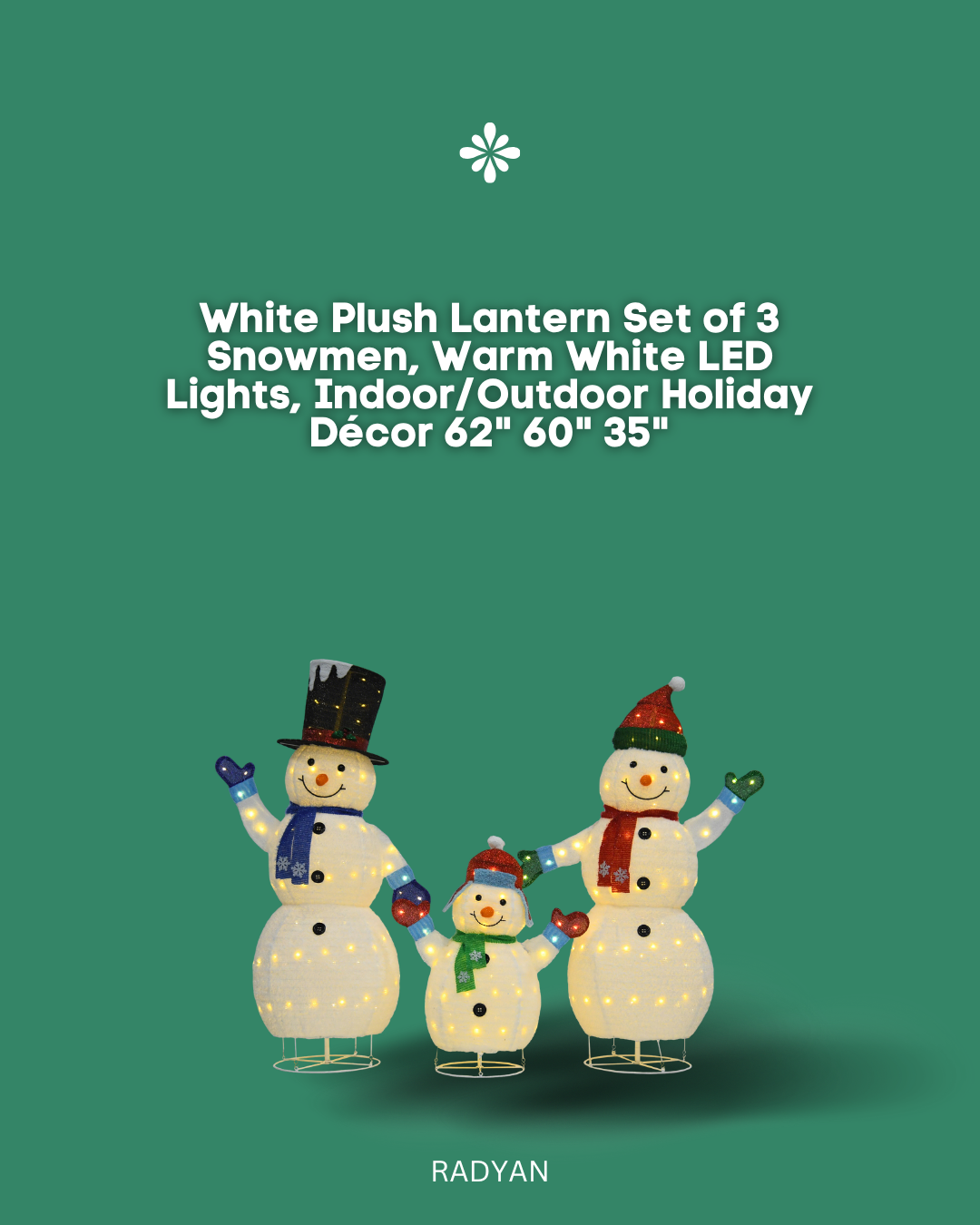 White Plush Lantern Set of 3 Snowmen, Warm White LED Lights, Indoor/Outdoor Holiday Décor 62" 60" 35"