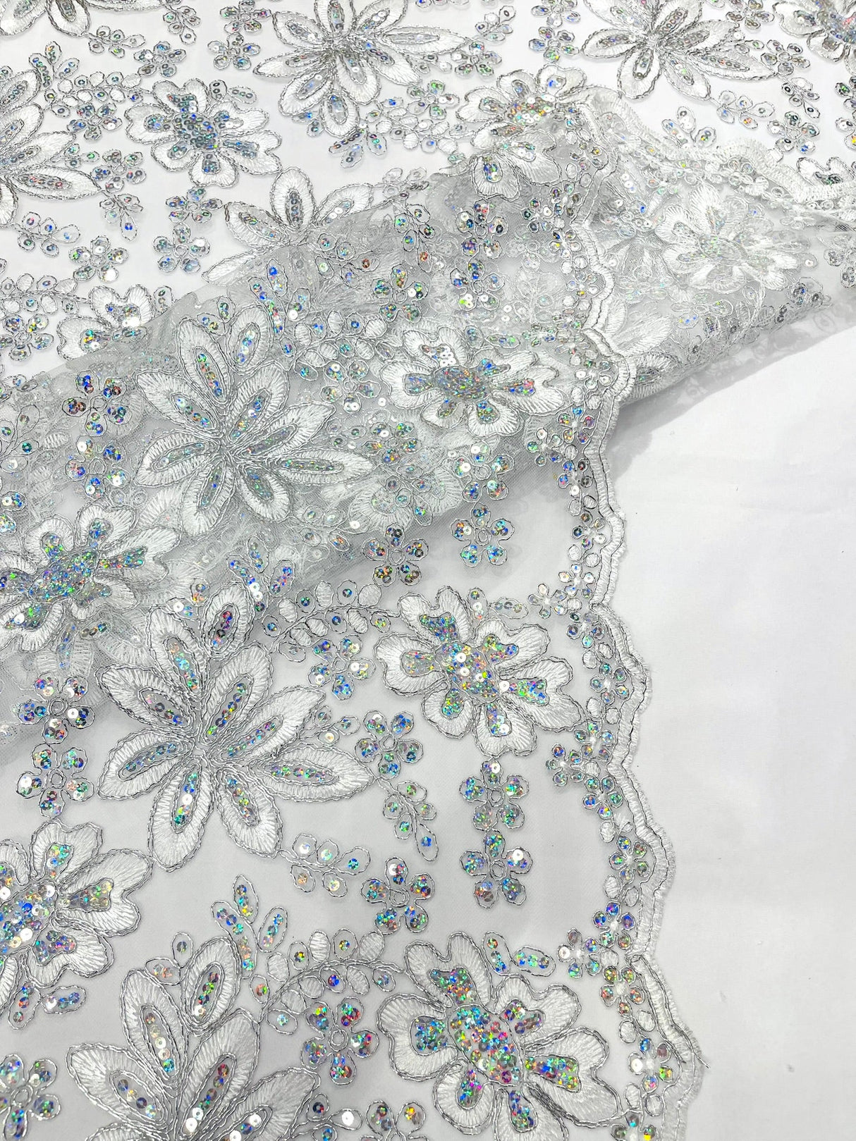 Metallic Floral Lace Design Embroidered Polyester Fabric - Floral Lace, 54" Width (1 Yard)