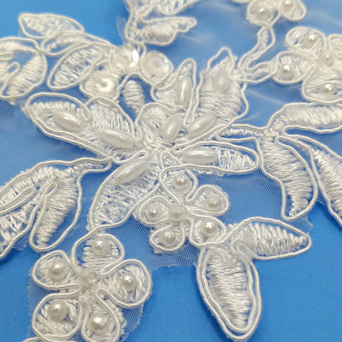 1 Yard Beaded and Corded Floral Lace Applique 13" x 4" Each Side