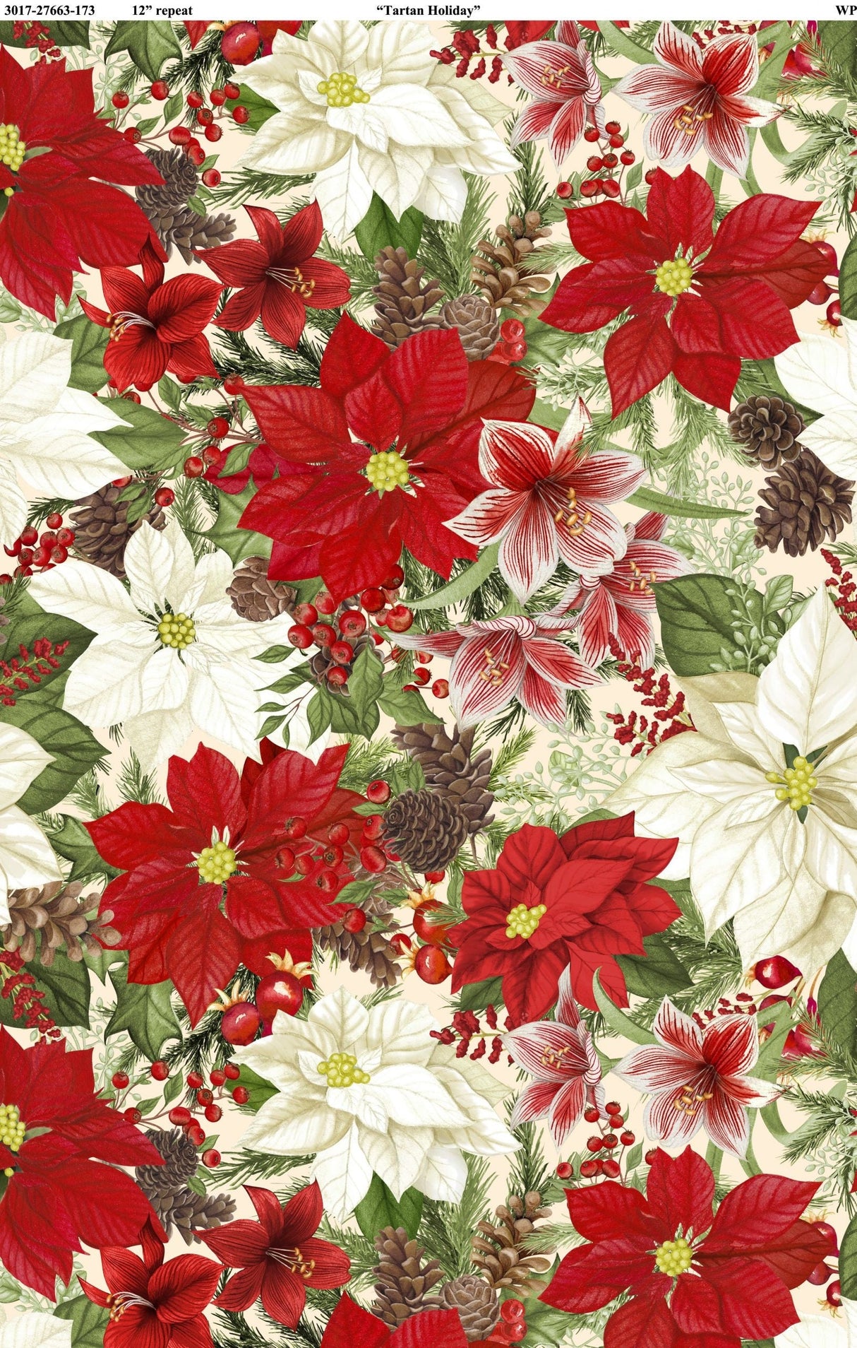 Quilting Cotton Tartan Holiday Poinsettias Cream Wilmington Prints