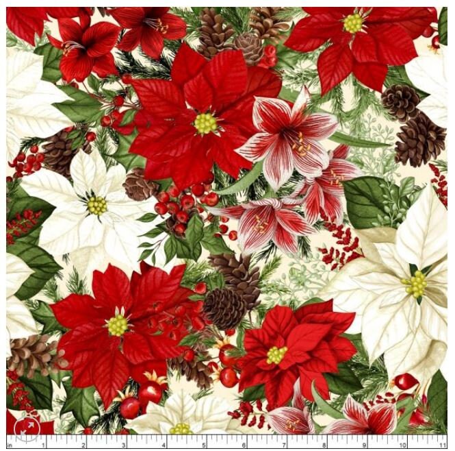 Quilting Cotton Tartan Holiday Poinsettias Cream Wilmington Prints