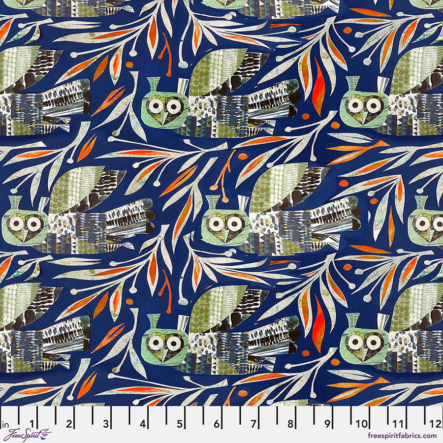 Cotton Print Winter Owl Dark Blue Fabric 44/45"