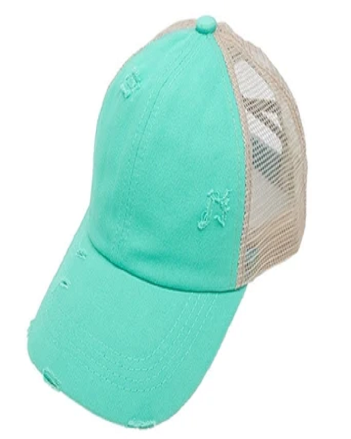 Criss-Cross Cap Fabric - Mint/Khaki, Criss-Cross Ponytail Slot, Adjustable Strap (1 Cap)