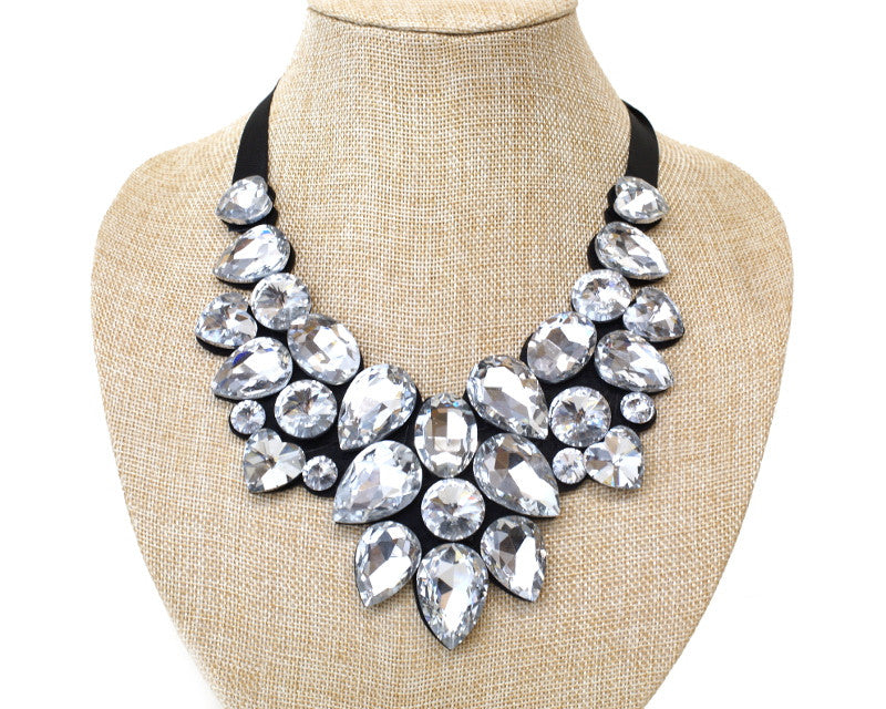 Silver Black Rhinestone Bib Statement Necklace Adjustable Length