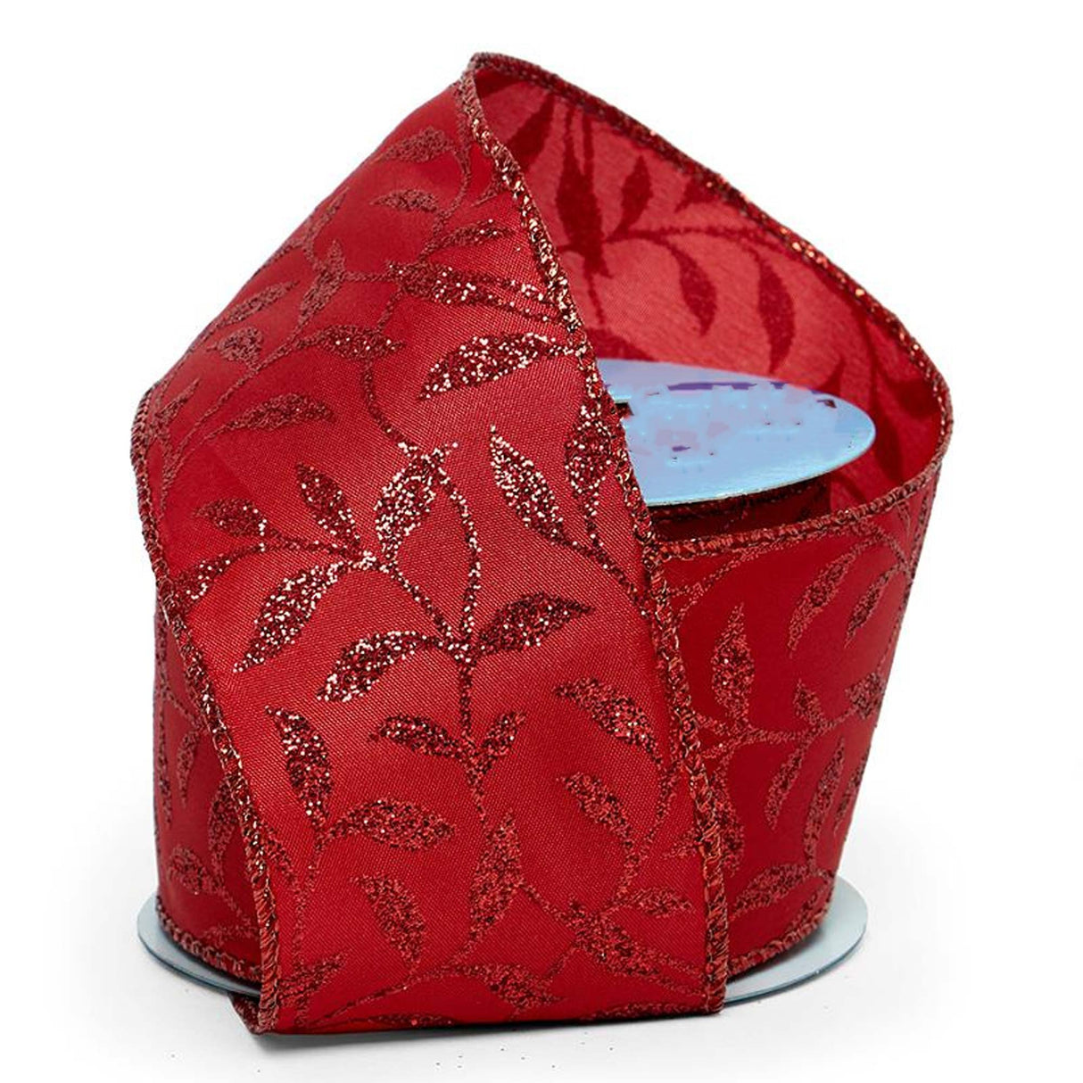 Sparkly Leaves On Wired Ribbon 2 1/2 '' X 10 yd Red Color 1 / roll