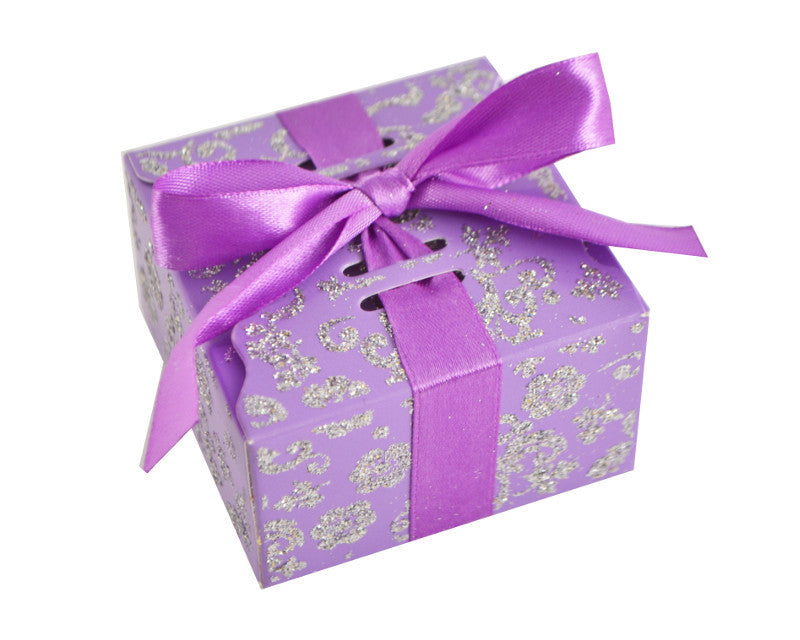 Purple Glitter Candy Favor Box with Satin Ribbon - Pack of 50