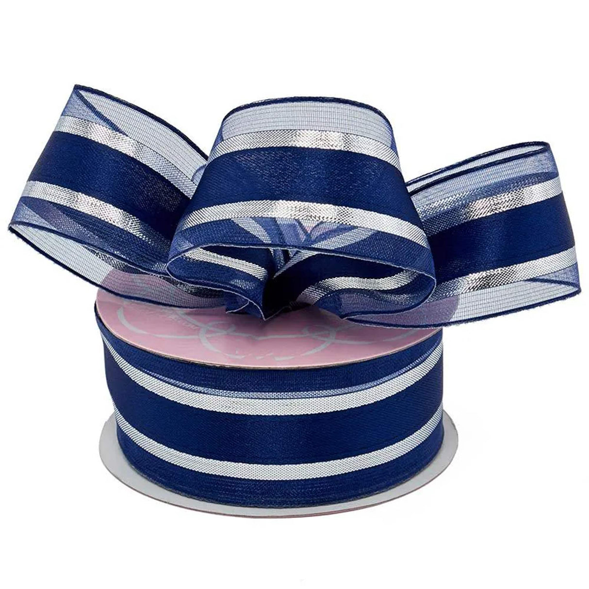 Metallic Edged Satin Center Ribbon 1 1/2 '' X 25 yd Navy / Silver Color 1 / roll